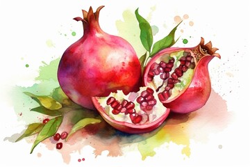 Watercolor illustration of pomegranate. Generative AI