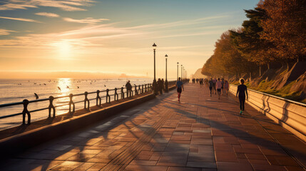 Sea Breeze Sunrise: Vibrant Coastal Promenade - obrazy, fototapety, plakaty