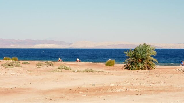 Group of tourists riding ATV bikes on the sandy beach of the Red Sea. Excursion to the desert in Dahab, Egypt