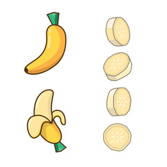 Yellow banana. Whole, peeled, and sliced in different views on a white background.