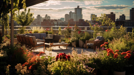 Obraz premium Colorful Rooftop Garden with Self-Watering Planters