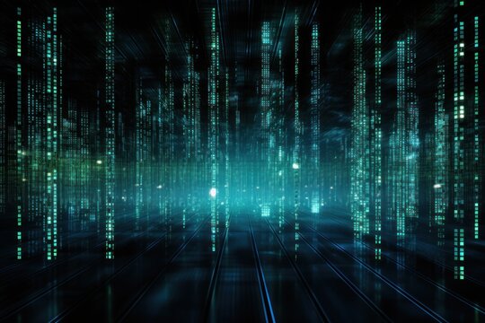 Digital cyberspace with glowing matrix code and data visualization.