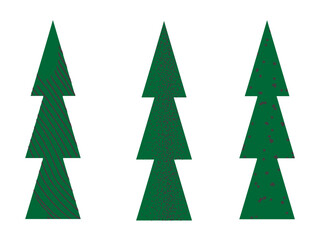 Set of three green Christmas trees with different textures. Texture stripes and spots