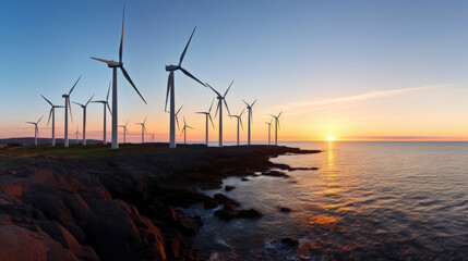 Wind farm by the coast at sunrise: turbines harnessing wind energy for a greener tomorrow