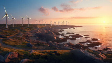 Coastal wind farm at dawn: turbines capturing wind energy for a cleaner sustainable world