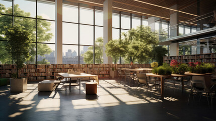 Library with eco-friendly design: abundant natural light rooftop green space and solar panels for sustainable education