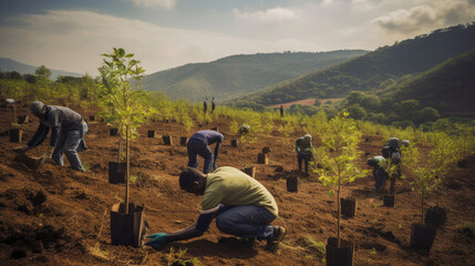Reforestation in action: volunteers planting diverse saplings to restore degraded areas a collective effort for nature - obrazy, fototapety, plakaty