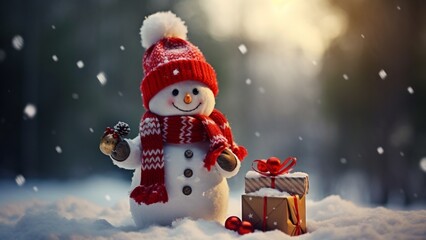 snowman with  christmas gifts - obrazy, fototapety, plakaty