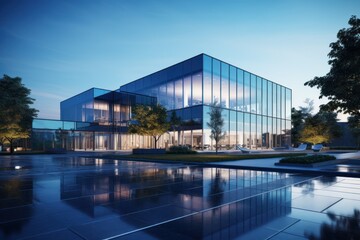 Sleek modern office building exterior with glass facades.