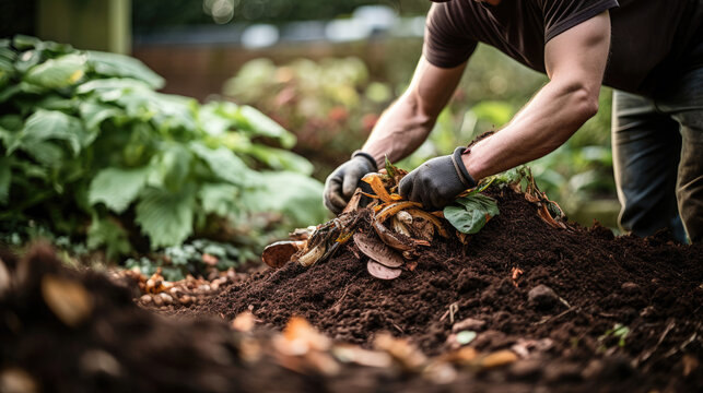 Tending to Thriving Compost Heap in Urban Garden Creating Nutrient-Rich Soil