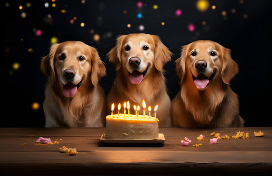 Três lindos cachorros sentados com uma mesa com bolo e velas
