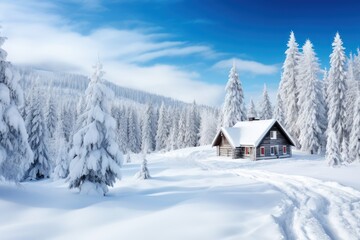 Winter wonderland with snow-covered trees and a cabin.