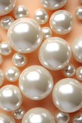 Beige background with white pearls, large and small. polished with highlights. Gorgeous background for wedding invitations. Flat background, top view.