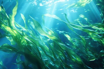 Marine horizontal banner. Green algae ulva lactuca swaying in blue sunlit water. Sea life concept. Space for design, text on marine theme.