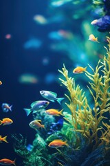 Nice beautiful poster with Enchanting view of sea life exotic brightly colored fish. in clear ocean water. Algae. Deep perspective. Place for design, text on a marine theme.