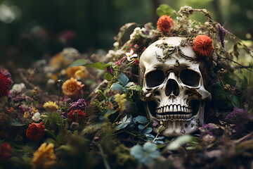 Old human skull in flowers on the ground