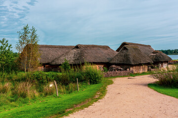 Fototapeta na wymiar Viking village replica with thatched roof houses.