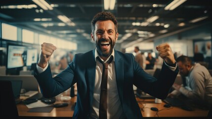 Successful businessman raises her hands up rejoices in increasing profits in business. Businessman is receiving good news online, raising her hands and showing her fists. - obrazy, fototapety, plakaty