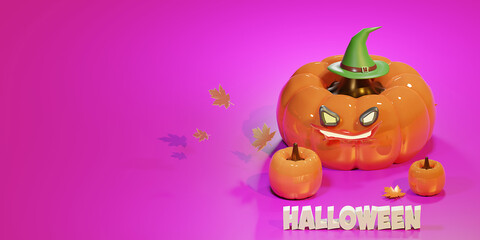 3D stage with pumpkin. Template design for text. Halloween.