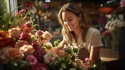 Smiling young woman florist arranging plants in flower shop. Flower shop owner concept.