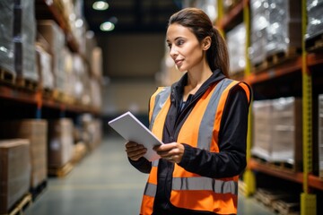 Woman employee or supervisor checks products at warehouse. Female warehouse employees reading a clipboard an checking packages on shelf in a large logistics center.