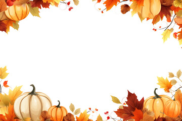 Naklejka na ściany i meble Autumn leaves and pumpkin border frame. Halloween Thankebings background Adorned With Pumpkins, Fruits, Flowers, Vegetables, And Leaves, Top view, PNG