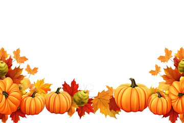 Autumn leaves and pumpkin border frame. Halloween Thankebings background Adorned With Pumpkins, Fruits, Flowers, Vegetables, And Leaves, Top view, PNG