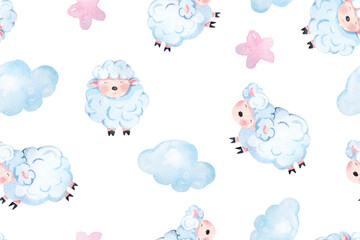 Seamless pattern of cartoon sheep and cloud painted in watercolor.Background cute lamb.For fabric and wallpaper.Natural Vantage Pattern Background.Suitable for children.