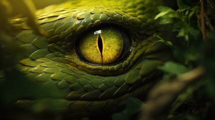 closeup portrait of green snake at nature, reptile animal - obrazy, fototapety, plakaty