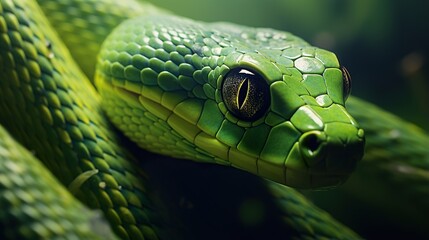 Fototapeta premium closeup portrait of green snake at nature, reptile animal