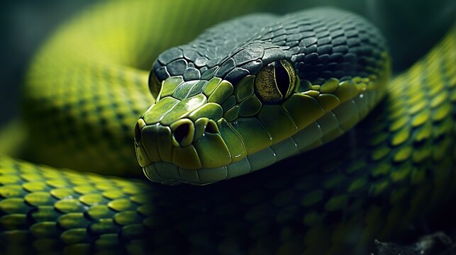 closeup portrait of green snake at nature, reptile animal
