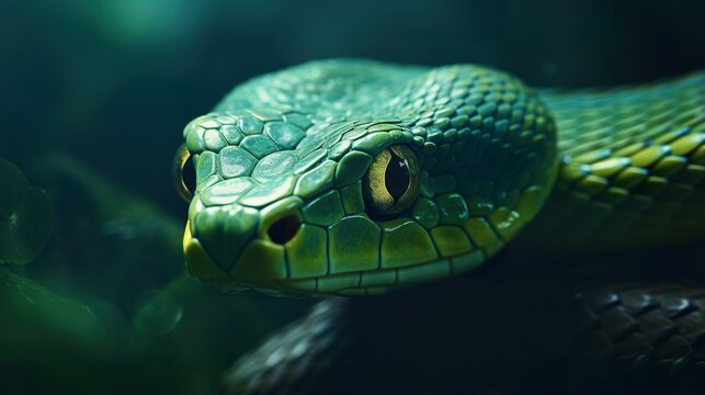 closeup portrait of green snake at nature, reptile animal