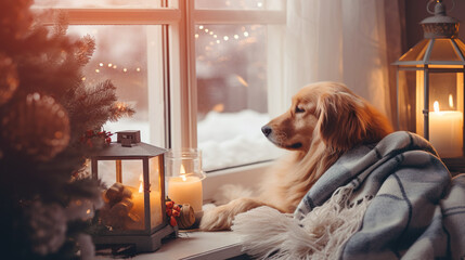 cute labrador retriever dog sitting by window at cozy christmas home, new year eve at snowy winter...