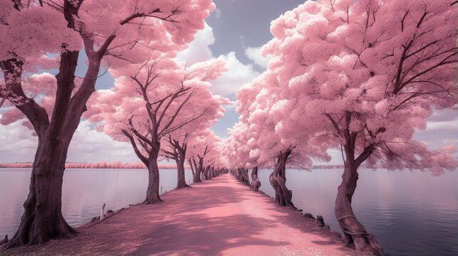magical fantasy pink tree forest, japanese sakura cherry blooming illustration
