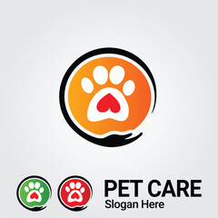 Pet Care Love Logo For Dog, Cat, Bird, With Paw Heart and  Hand Care Vector Icon, Illustration, Element or Template. 