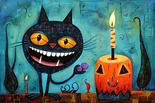 halloween image with pumpkin cake and evil cat. Blue grunge background. Party and birthday concept. 