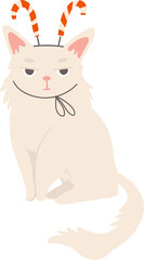 Grumpy funny white cat with christmas accessories. Cute Christmas holiday png element. Hand drawn in simple cartoon style