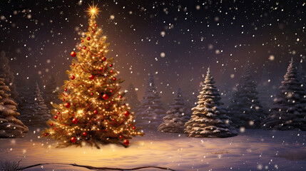 Fototapeta premium Christmas tree in snowy forest with gifts. Winter holiday background