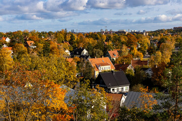 Stockholm, Sweden Fall colors and private houses in the upscale Malarhojden district on a sunny day.