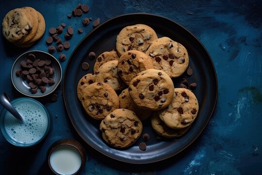 Preparation of chocolate chip cookies in a plate. AI image generated.