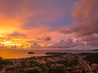 .Majestic sunset or sunrise landscape Amazing light of nature amazing cloud scape sky and colorful clouds moving away rolling. .colorful yellow sunset clouds above the islands.