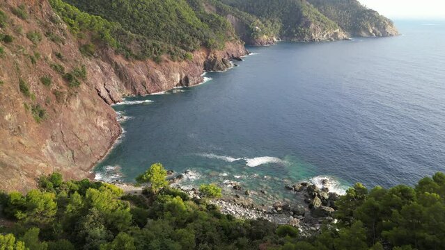 Europe, Italy, Liguria , Framura - drone aerial view of amazing sea landscape in Tigullio national park with pine forest and cliff between Framura Bonassola and Levanto pedestrian path - Cinque Terre 
