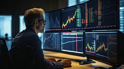 Fototapeta premium Professional Trader Analyzing Real-Time Stock Market Data on Multiple Monitors at Desk