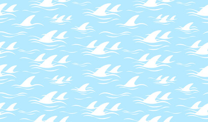Shark fin silhouette and waves seamless pattern. Vector illustration.