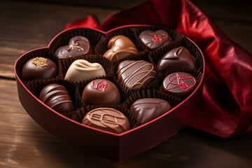 A box full of scrumptious and glossy heart-shaped chocolates, perfect for celebrating Valentine's Day. Generative AI