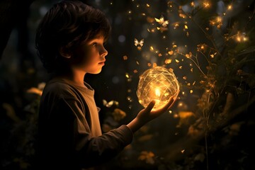 Naklejka premium A child with a glowing magic ball 