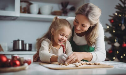 A mother and daughter baking festive christmas cookies together at home during the holidays
