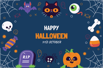 flat background halloween season with gravestone black cat design vector illustration
