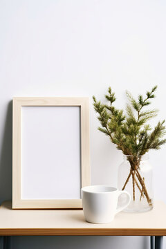 Blank wooden picture frame with white background mockup. Vase with pine tree branches, a cup of coffee and old books on grey desk, Interior design, still life. © RBGallery