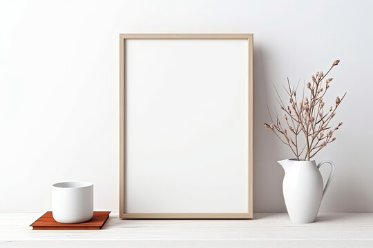 Blank wooden picture frame with white background mockup. Vase with pine tree branches, a cup of coffee and old books on grey desk, Interior design, still life. © RBGallery
